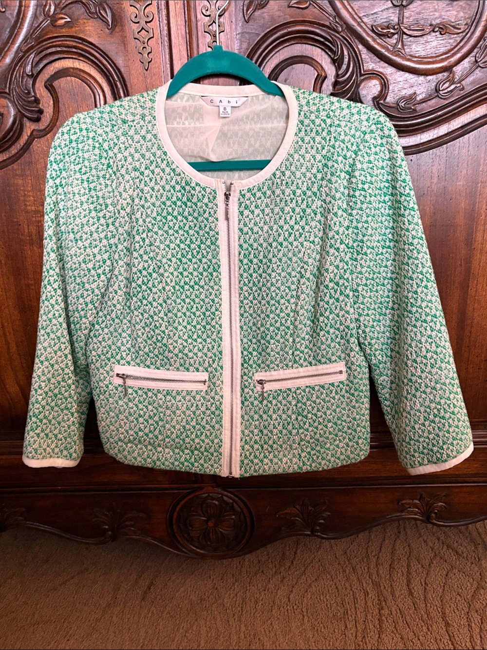 CAbi Mint Green & White Tweed Zip-Front Jacket